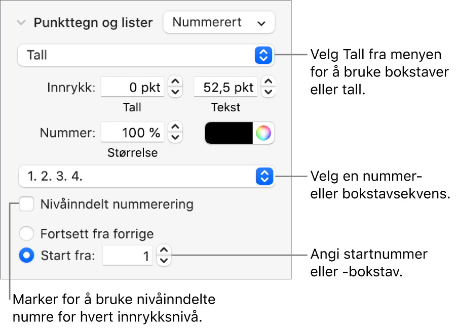 Kontrollene for å endre nummereringsstilen og avstanden for en liste.