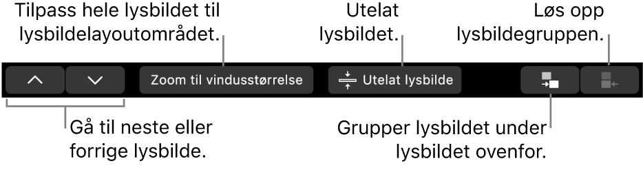 Touch Bar på MacBook Pro med kontroller for å navigere til neste eller forrige lysbilde, få plass til lysbildet i lysbildelayoutområdet, hoppe over et lysbilde og gruppere eller løse opp gruppering for et lysbilde.