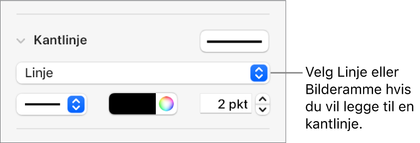 Kantlinje-stilkontrollene i Format-sidepanelet, med Linje valgt som kanttype.