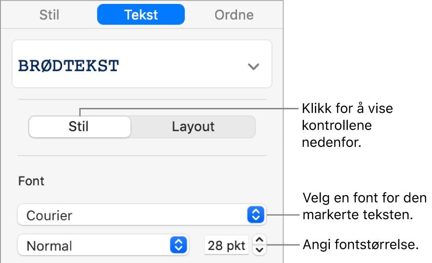 Tekstkontroller i Stil-delen i sidepanelet for å angi font og fontstørrelse.