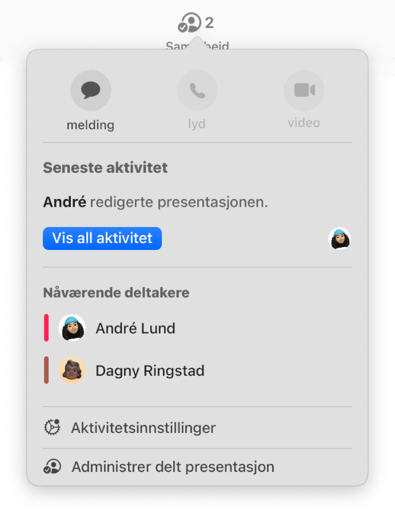 Samarbeid-menyen, som viser navnene til personer som samarbeider om presentasjonen.