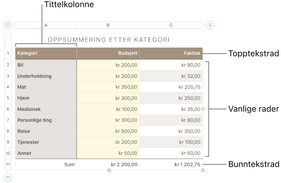 En tabell som viser tittelrader og -kolonner, vanlige rader og kolonner, bunnrader og -kolonner og håndtak for å legge til eller slette rader eller kolonner.