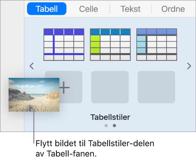 Et bilde flyttes til tabellstilene for å opprette en ny stil.
