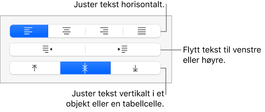 Justering-delen i sidepanelet, som viser knapper for å justere tekst horisontalt, flytte tekst til venstre eller høyre og justere tekst vertikalt.