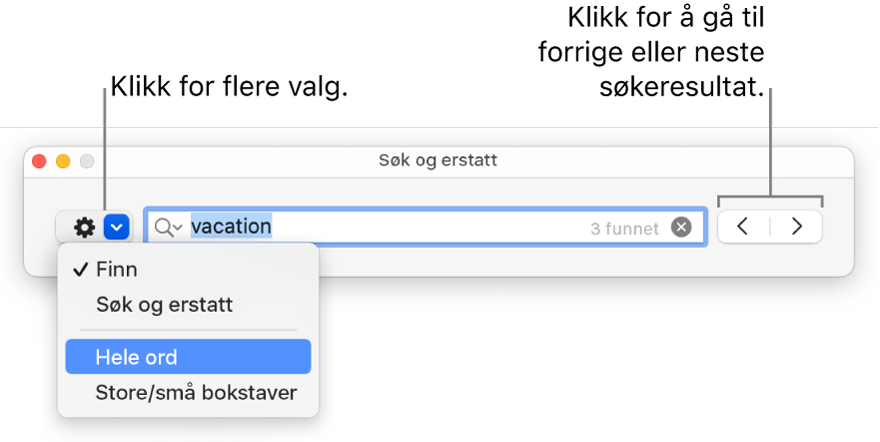 Søk og erstatt-vinduet, med lokalmenyen viser alternativer for Finn, Søk og erstatt, Hele ord og Store/små bokstaver. Pilene til høyre lar deg hoppe til forrige eller neste søkeresultat.