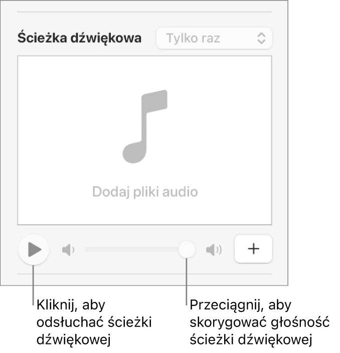 Narzędzia ścieżki dźwiękowej z wyróżnionymi przyciskiem odtwarzania oraz suwakiem głośności.