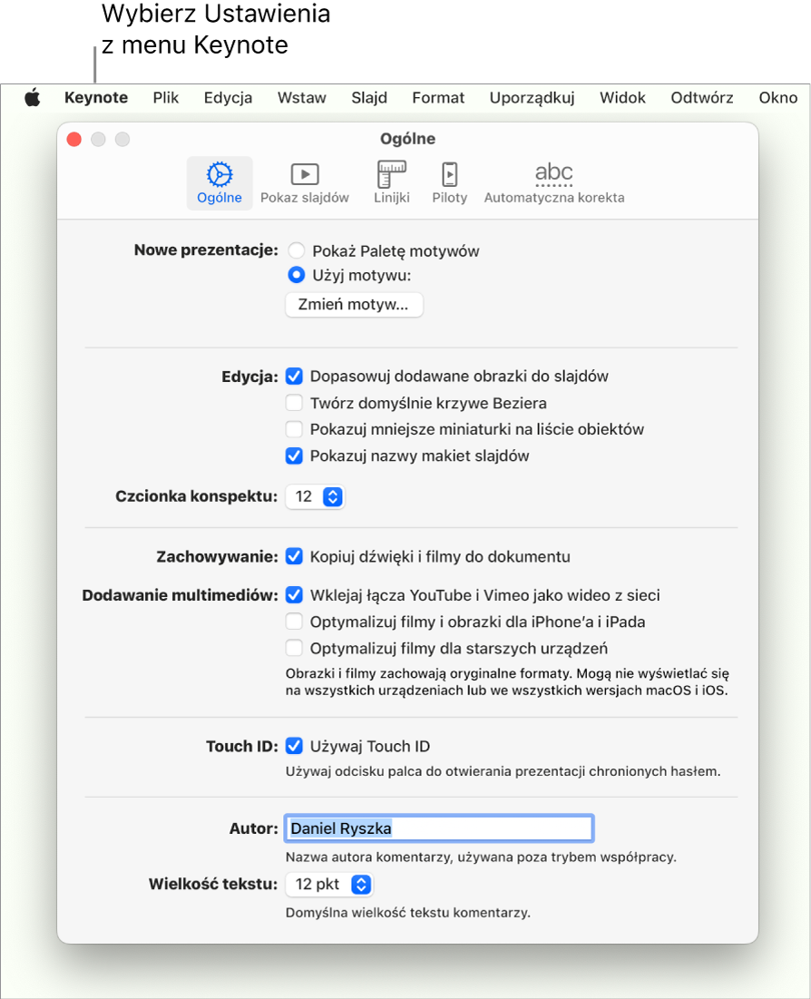Okno ustawień Keynote z otwartym panelem Ogólne.