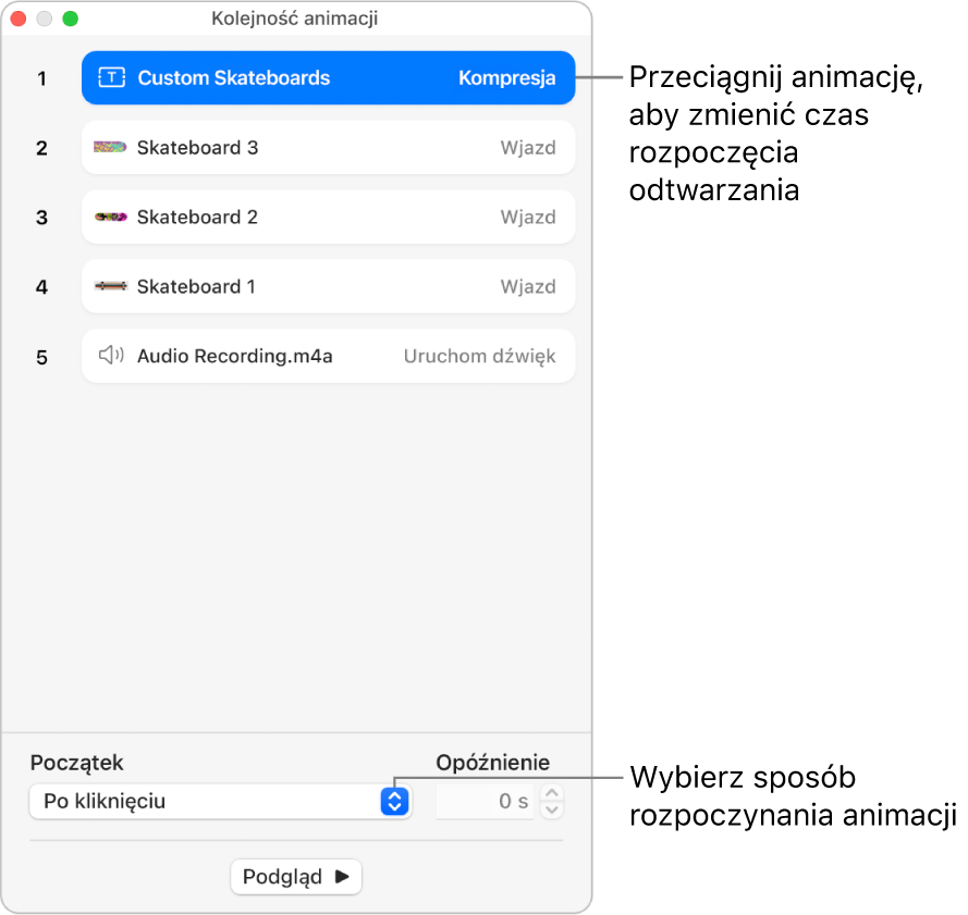 Okno kolejności animacji.