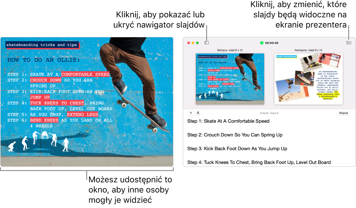 Prezentacja Keynote wyświetlana w oknie. W drugim oknie widoczny jest ekran prezentera, na którym znajduje się nawigator slajdów, notatki prezentera oraz podgląd slajdu.