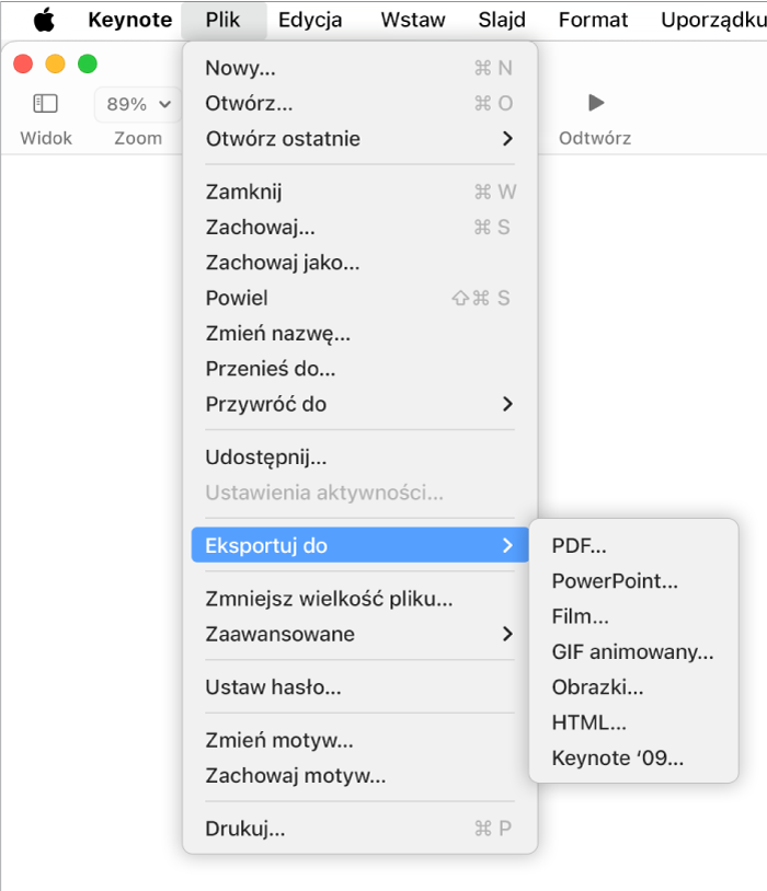 Otwarte menu Plik z wybranym podmenu Eksportuj do. Dostępne opcje podmenu to: PDF, PowerPoint, Film, HTML, Obrazki oraz Keynote '09.
