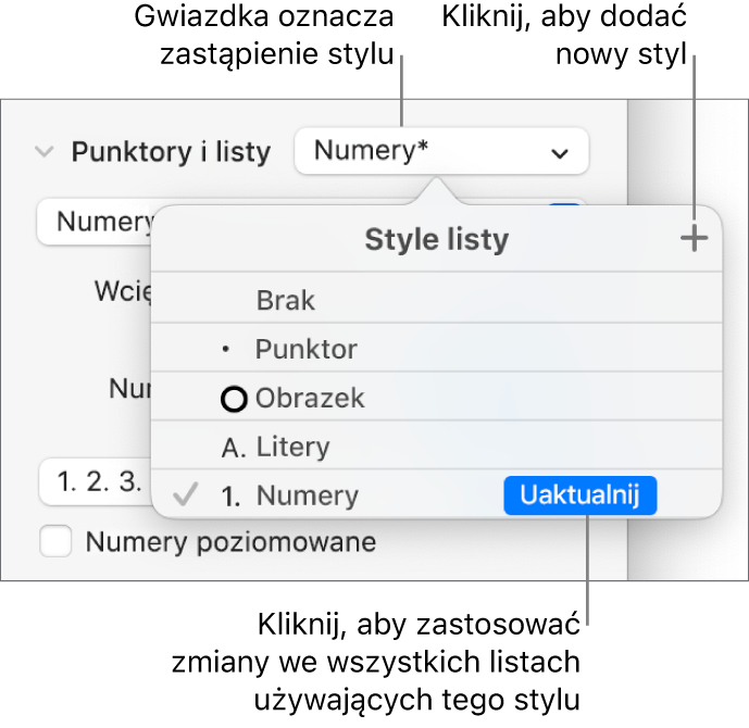 Menu podręczne Style listy z gwiazdką oznaczającą zastąpienie stylu oraz objaśnieniami przycisku Nowy styl oraz podmenu z opcjami zarządzania stylami.