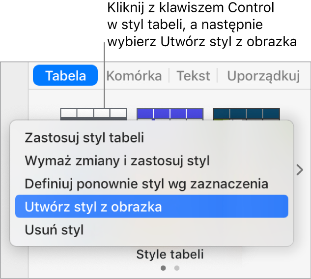 Menu podręczne stylu tabeli.