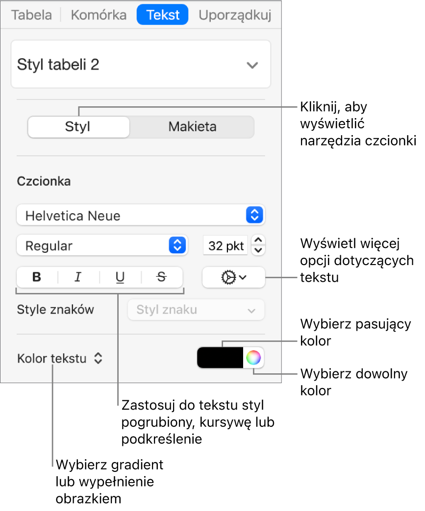 Narzędzia edycji stylu tekstu w tabeli.