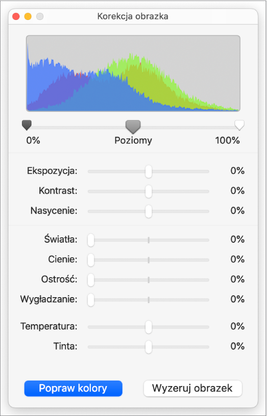 Okno korekcji obrazka, zawierające suwaki do ustawiania ekspozycji, kontrastu, nasycenia, świateł, cieni, ostrości, wygładzania, temperatury i tinty.