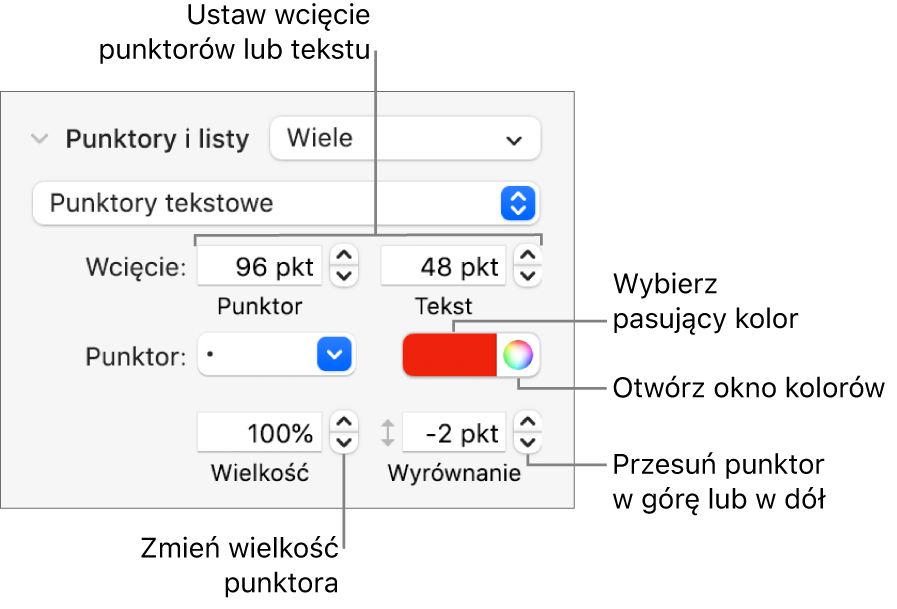 Sekcja Punktory i listy z etykietami wskazującymi narzędzia wcięć punktorów i tekstu, koloru punktora, wielkości punktora oraz wyrównywania.