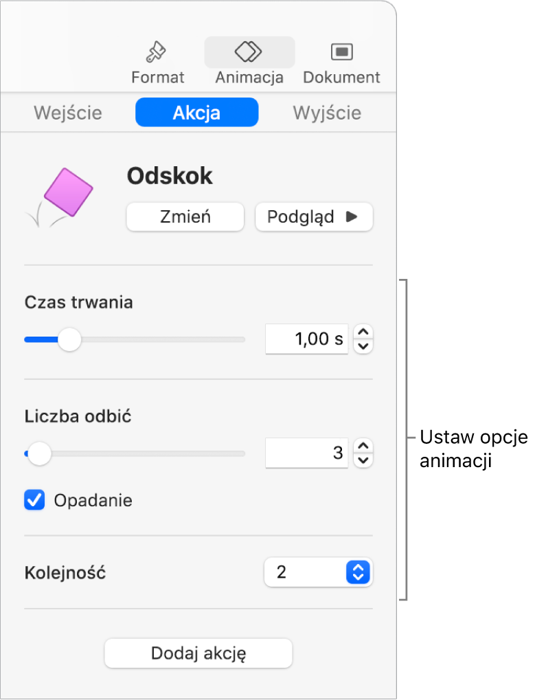 Narzędzia akcji w sekcji Animacja na pasku bocznym.