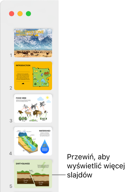 Nawigator slajdów z pięcioma slajdami ułożonymi pionowo oraz możliwością przewinięcia w dół w celu wyświetlenia kolejnych slajdów.