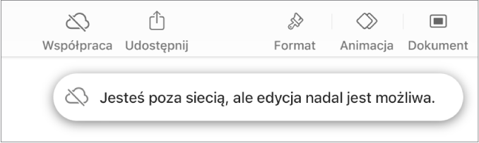 Przyciski na górze ekranu; przycisk współpracy wyświetlany jest jako chmura przekreślona ukośną linią. Alert zawierający następującą informację: Brak połączenia z siecią, ale edycja nadal jest możliwa.