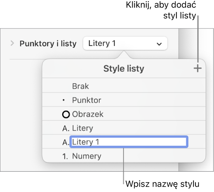 Menu podręczne Style listy z przyciskiem Dodaj w prawym górnym rogu oraz zaznaczoną zastępczą nazwą stylu.