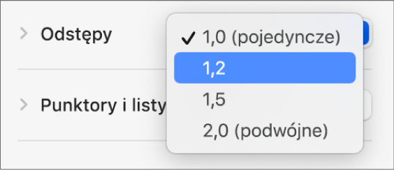 Menu podręczne Odstępy, zawierające pozycje Pojedyncze, Podwójne oraz inne opcje.