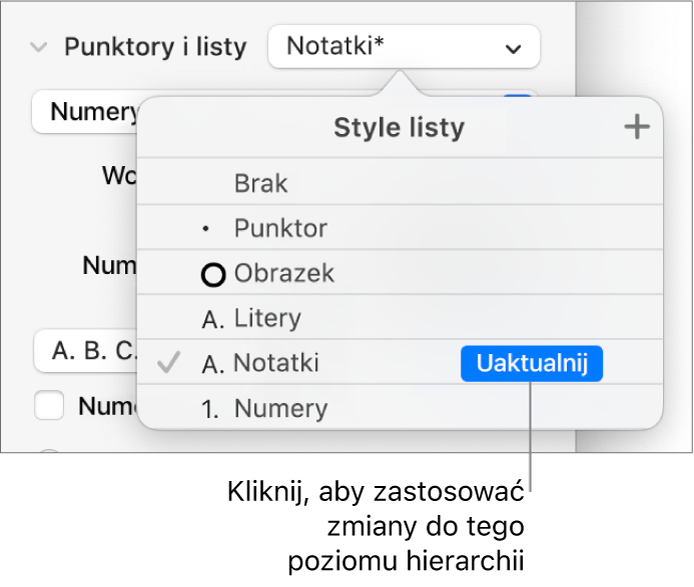 Menu podręczne Style listy z przyciskiem Uaktualnij obok nazwy nowego stylu.