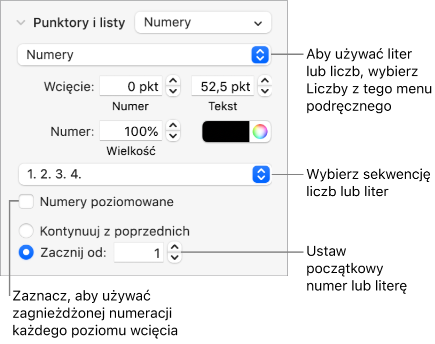 Narzędzia zmieniania stylu numeracji i odstępów listy.