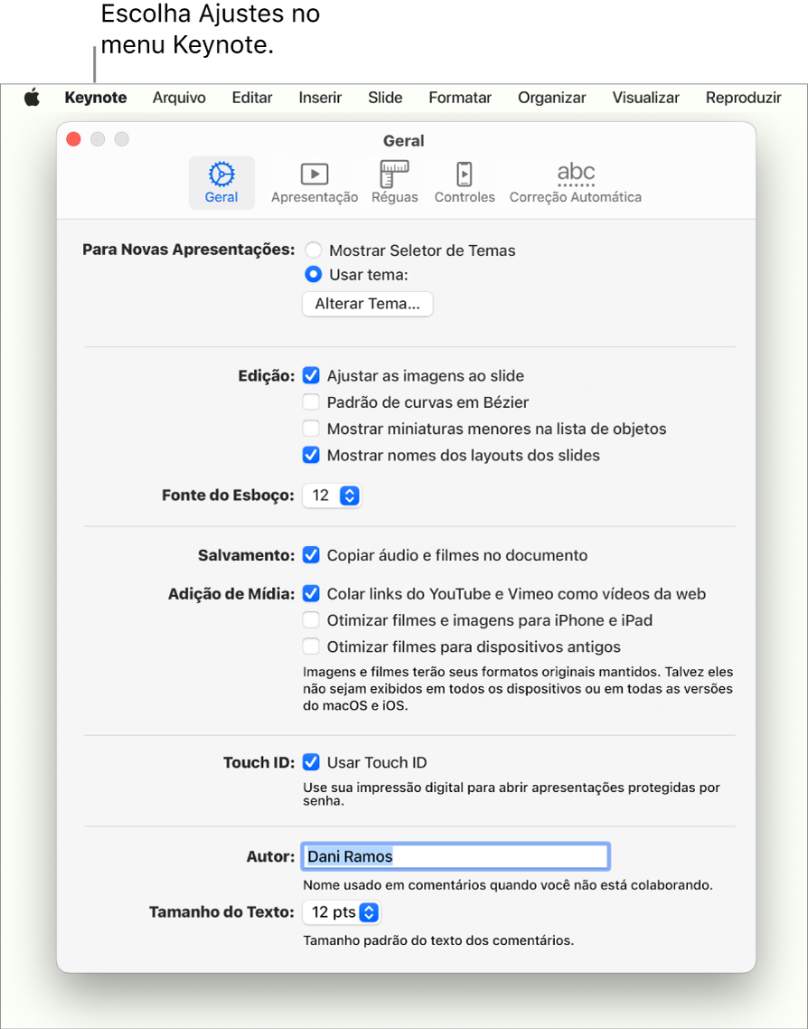 Janela de ajustes do Keynote aberta no painel Geral.