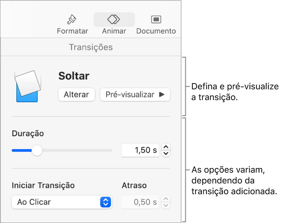 Controles de transição na seção Transições da barra lateral.