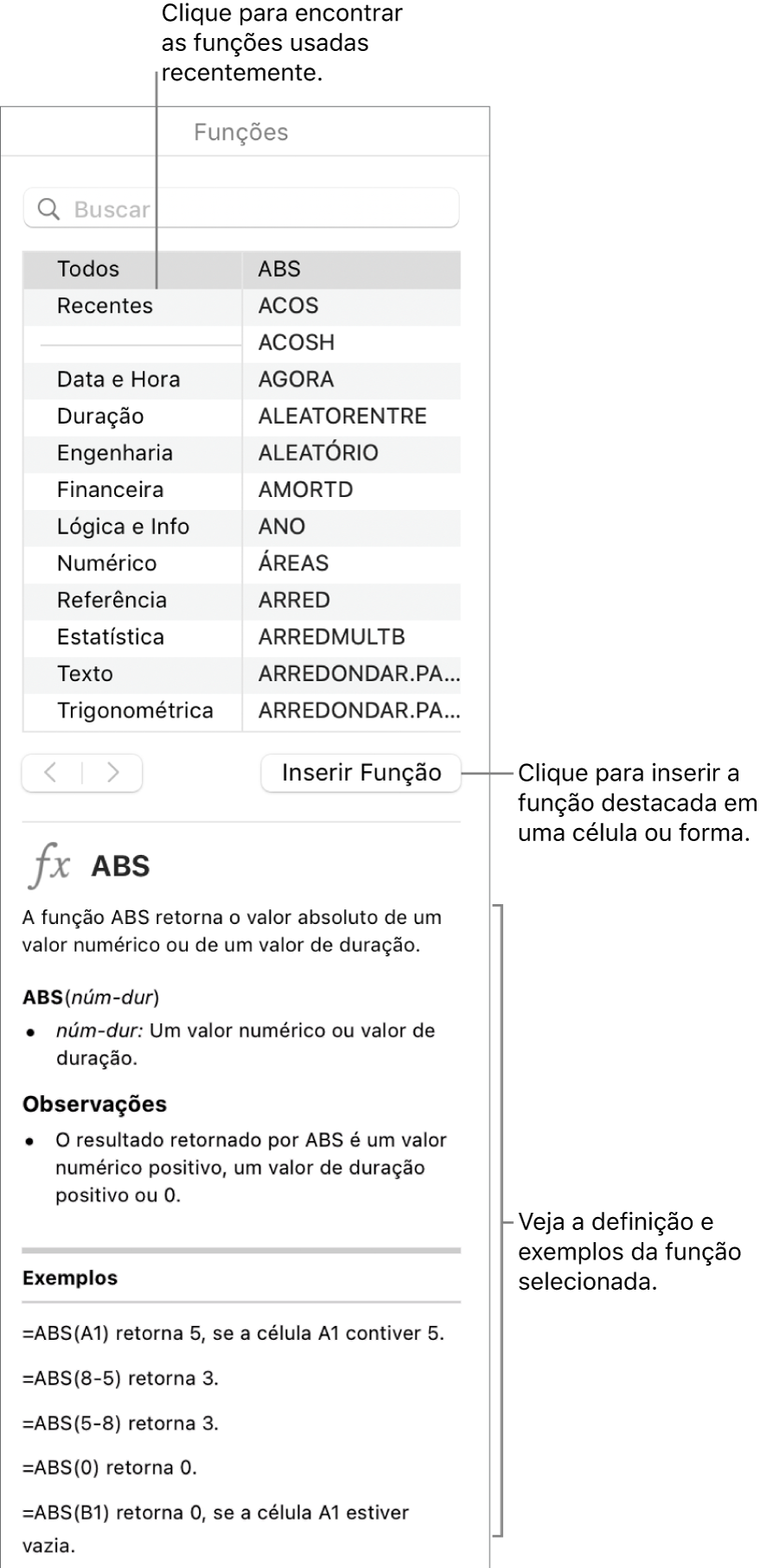 Navegador de Funções com chamadas para funções usadas recentemente, botão Inserir Funções e definição de função.