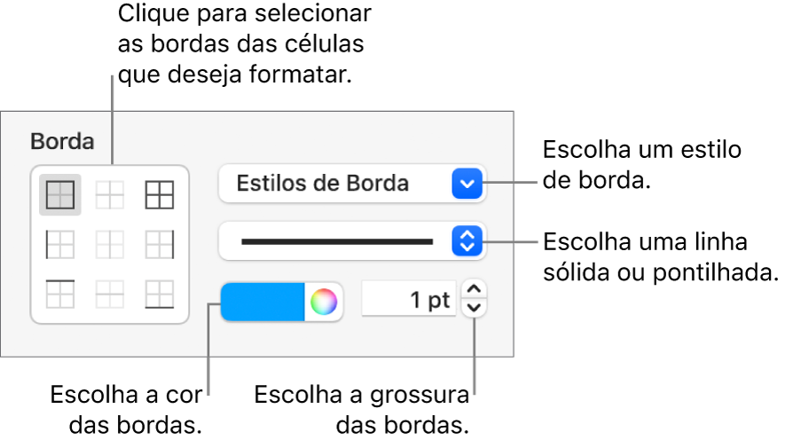 Controles da barra lateral para alterar a aparência de bordas das células.