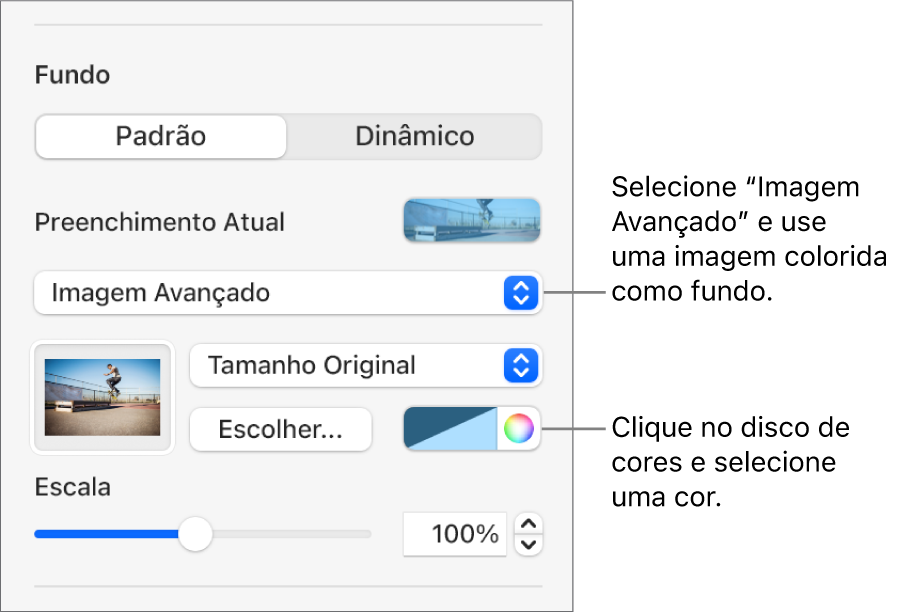 Controles de Fundo com uma cor de tonalidade de “Preenchimento com Imagem Avançado” definida como fundo do slide.