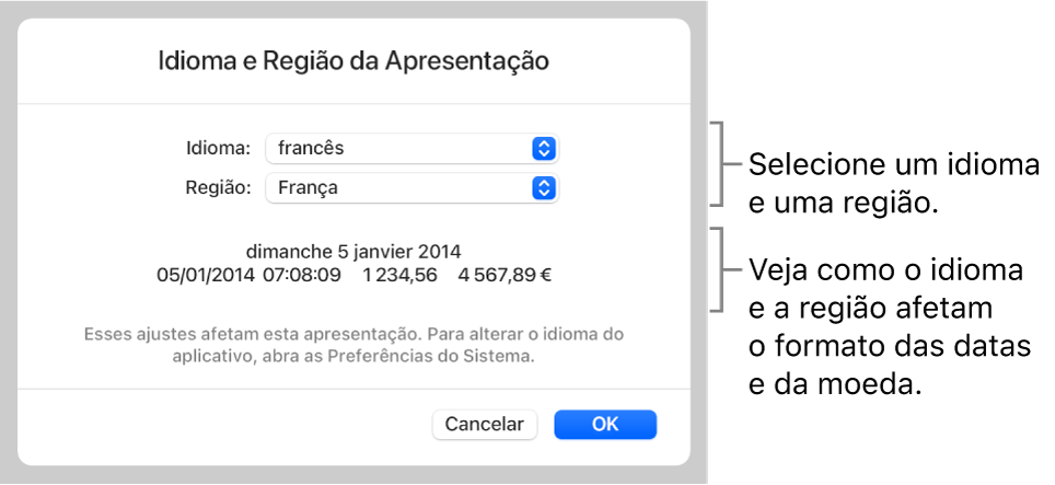 Painel de Idioma e Região com controles para idioma e região e um exemplo de formatação, incluindo data, hora, decimal e moeda.