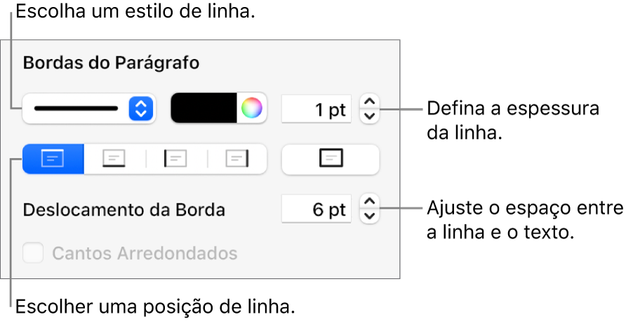 Controles para alterar o estilo, a espessura, a posição e a cor da linha.