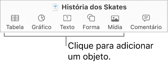 Barra de ferramentas do Keynote com os botões Tabela, Gráfico, Texto, Forma e Mídia.