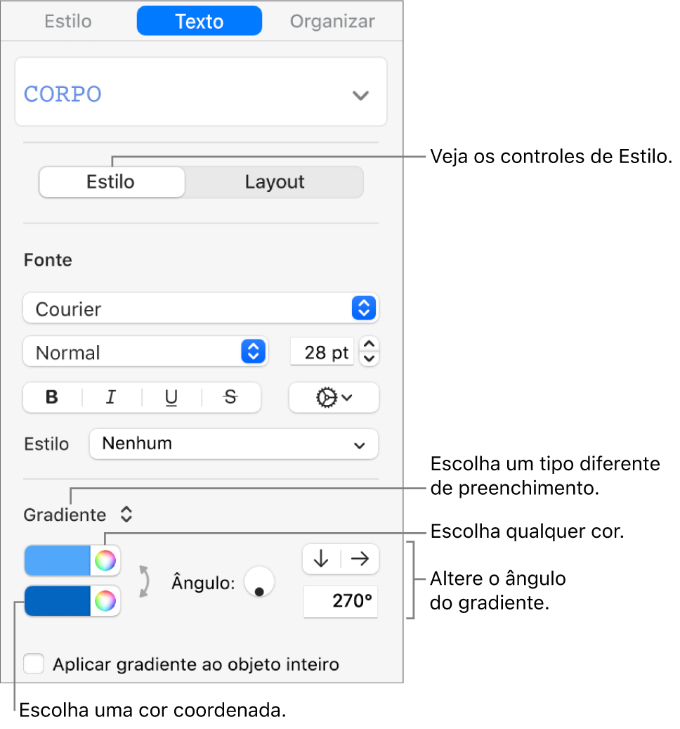 Controles para a escolha de cores prontas ou qualquer cor.