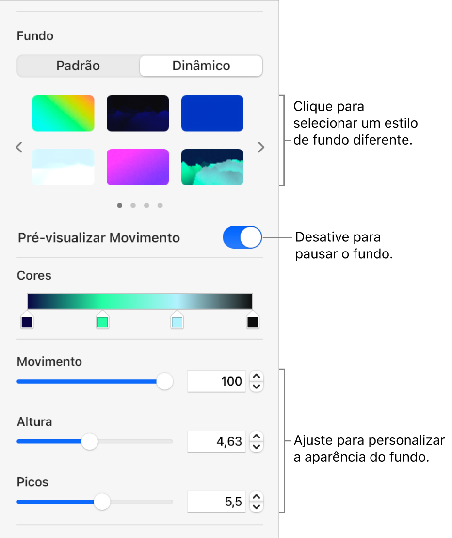 Botão Dinâmico selecionado na seção Fundo da barra lateral Formatar. Os estilos de fundo dinâmico, o controle de pré-visualização do movimento e os controles de aparência são mostrados.