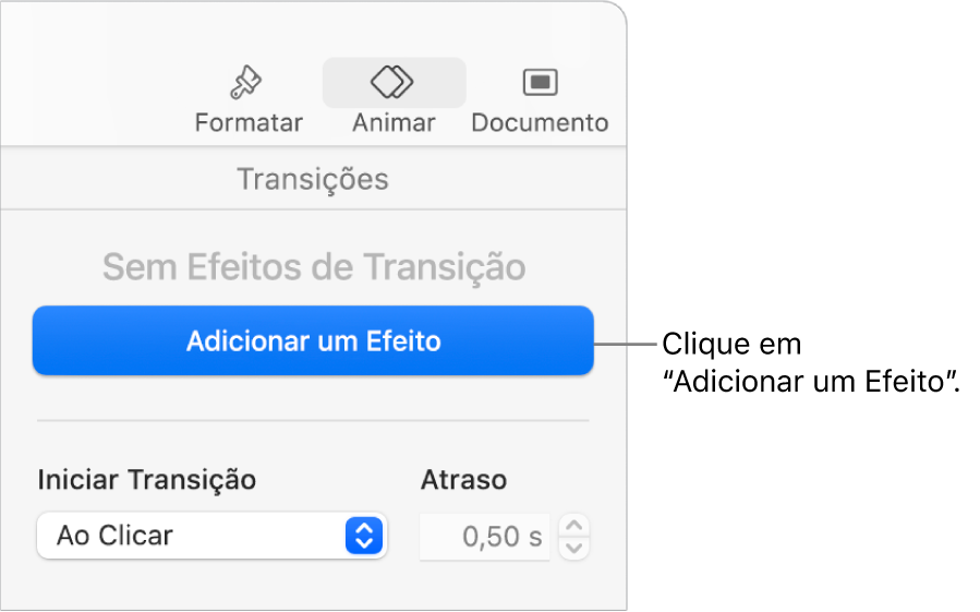 Botão Adicionar um Efeito na seção Animar da barra lateral.