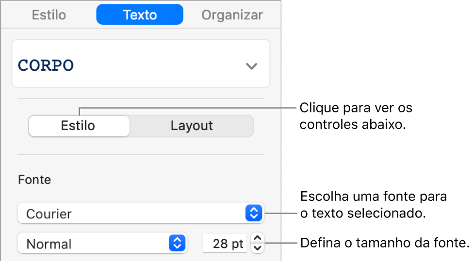 Controles de texto na seção Estilo da barra lateral para ajustar a fonte e o tamanho da fonte.