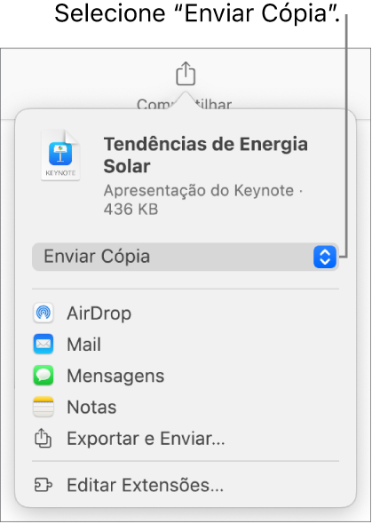 Menu Compartilhar com “Enviar Cópia” selecionado na parte superior.