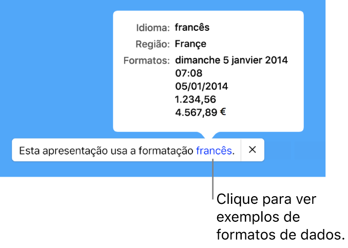 A notificação da configuração diferente de idioma e região, com exemplos de formatação no idioma e região diferentes.