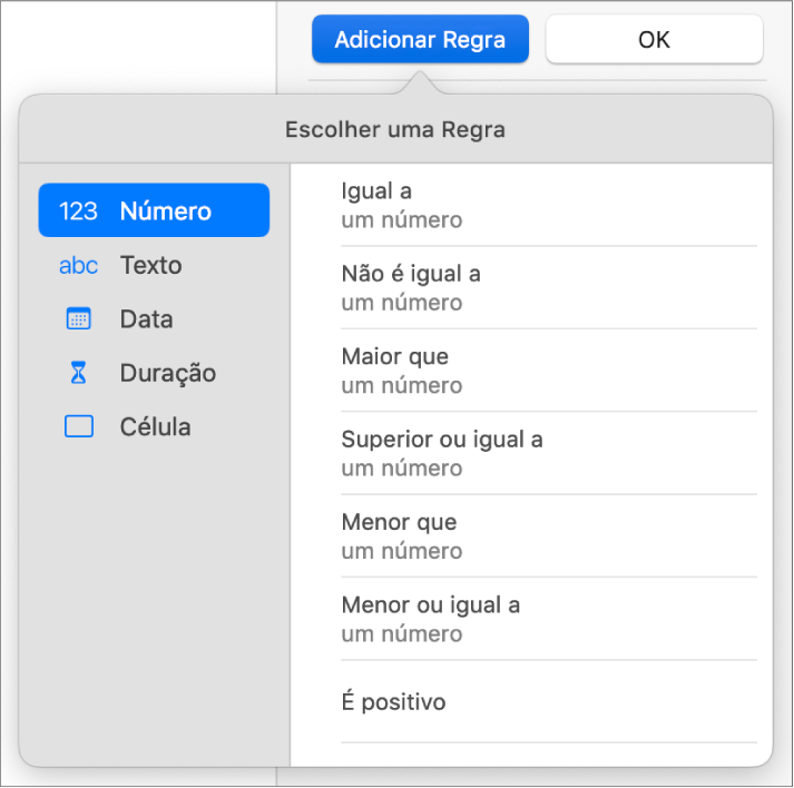 Controles para ajuste do destaque condicional.