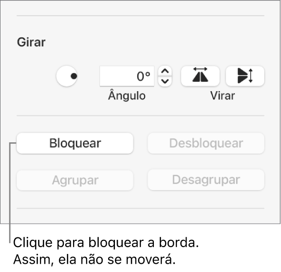 Controles de objeto Girar, Bloquear e Agrupar com o botão Bloquear destacado.