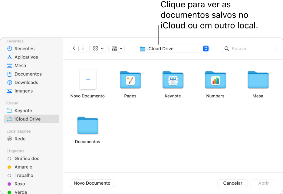 Caixa de diálogo Abrir com a barra lateral aberta à esquerda e iCloud Drive selecionado no menu pop-up na parte superior. As pastas do Keynote, Numbers e Pages são mostradas na caixa de diálogo, além do botão Novo Documento.