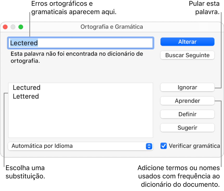 Janela de Ortografia e Gramática.