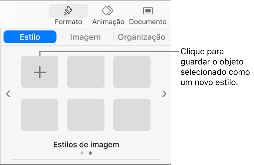 O separador “Estilo” da barra lateral “Formatação” com um estilo de caixa de texto, um botão “Criar estilo” à direita dele e quatro marcadores de posição de estilo vazios.