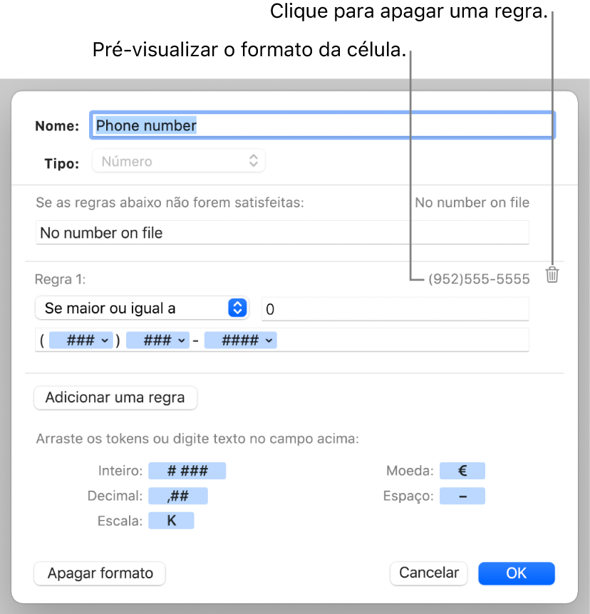 Formato de célula de número personalizada com regras.