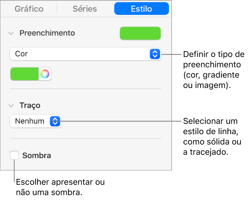 Controlos para alterar a aparência da série de dados.