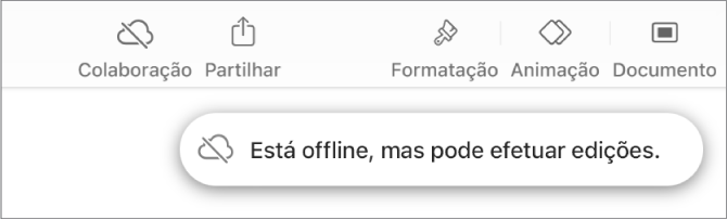 Os botões na parte superior do ecrã, com o botão “Colaboração” alterado para uma nuvem com uma linha diagonal por cima. Um aviso no ecrã indica que “Está offline, mas pode efetuar edições.”