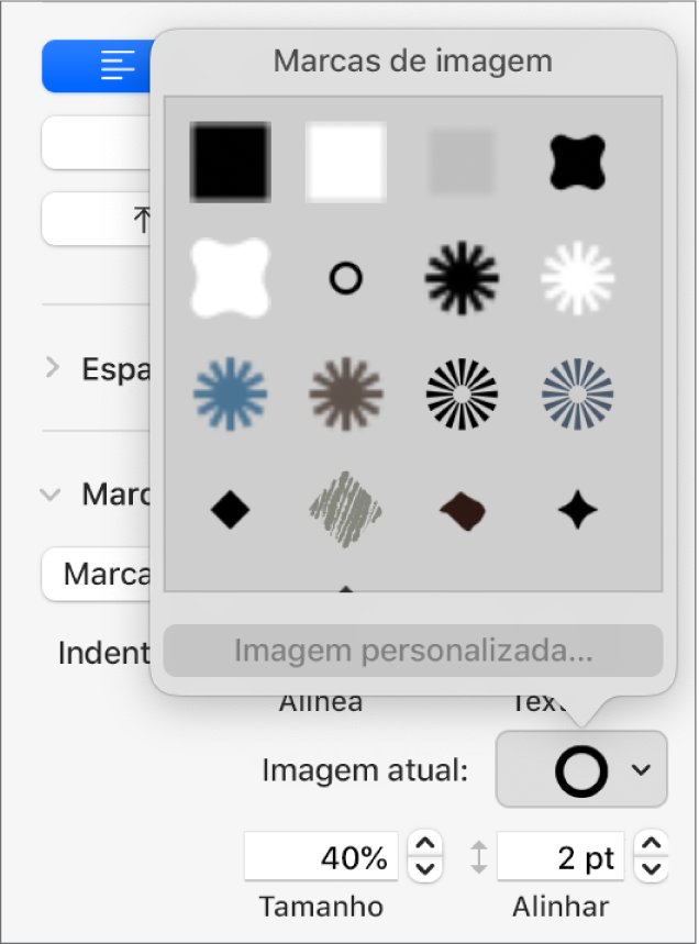 Menu pop-up “Marcas de imagem”.