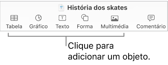 A barra de ferramentas do Keynote com os botões “Tabela”, “Gráfico”, “Texto”, “Forma” e “Multimédia”.